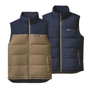 Patagonia Reversible Bivy Down Vest Navy Tan Men Size XXS EUC
